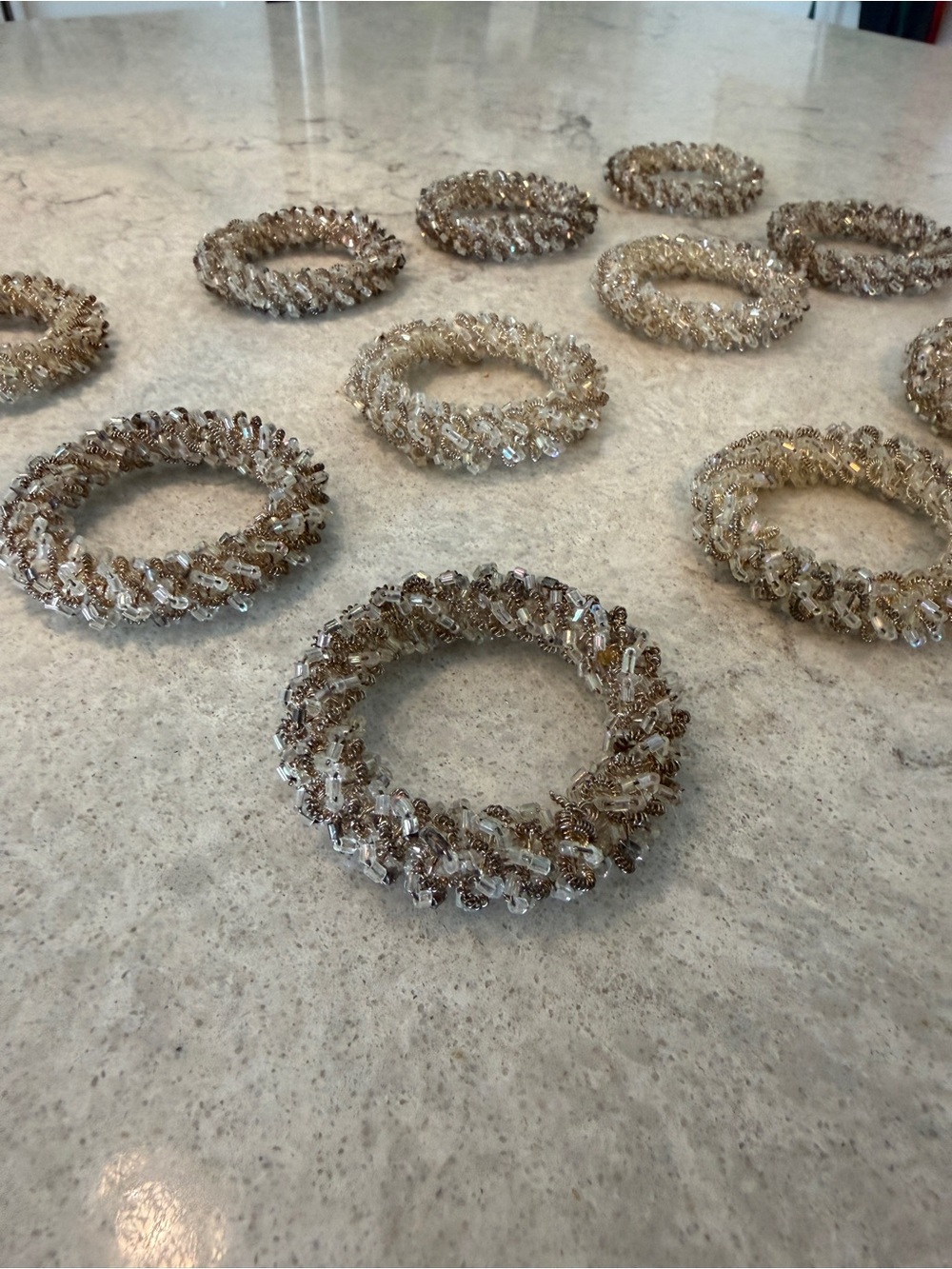 Beaded Napkin Rings Set of 11 Champagne Silver Bugle Bead Coiled Wire Sparkly